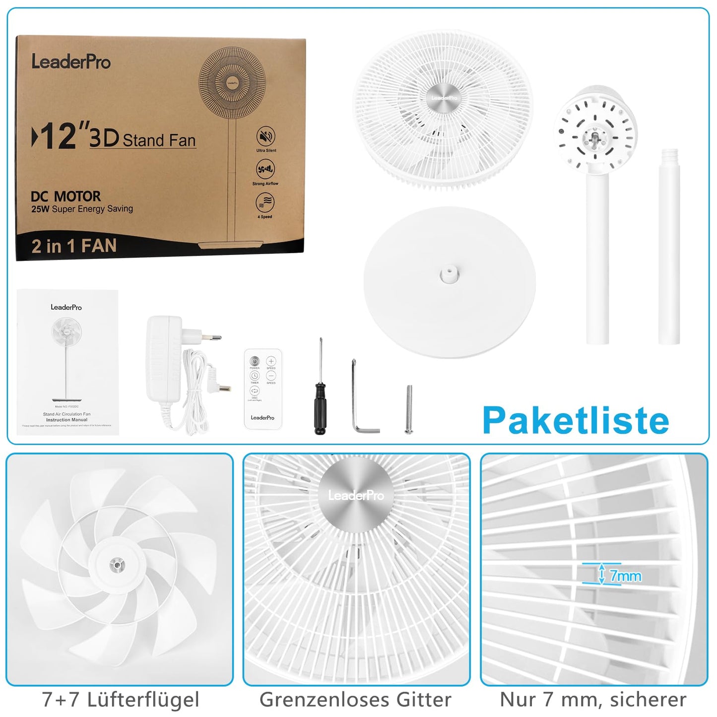 LeaderPro Stand Fan-12.8db Quiet with Remote Control, 8 Speeds, Adjustable Height, 120° Oscillation, 8H Timer, DC Motor Fan for Bedroom, Living Room, Kitchen, White
