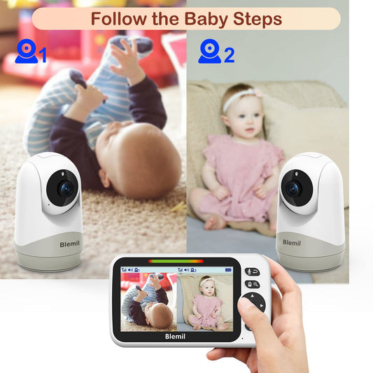 Baby monitor with 2 cameras and audio, 30-hour battery, 5" large split-screen video baby monitor with 2 cameras and audio, remote pan/tilt/zoom, two-way talk, room temperature, auto night vision.