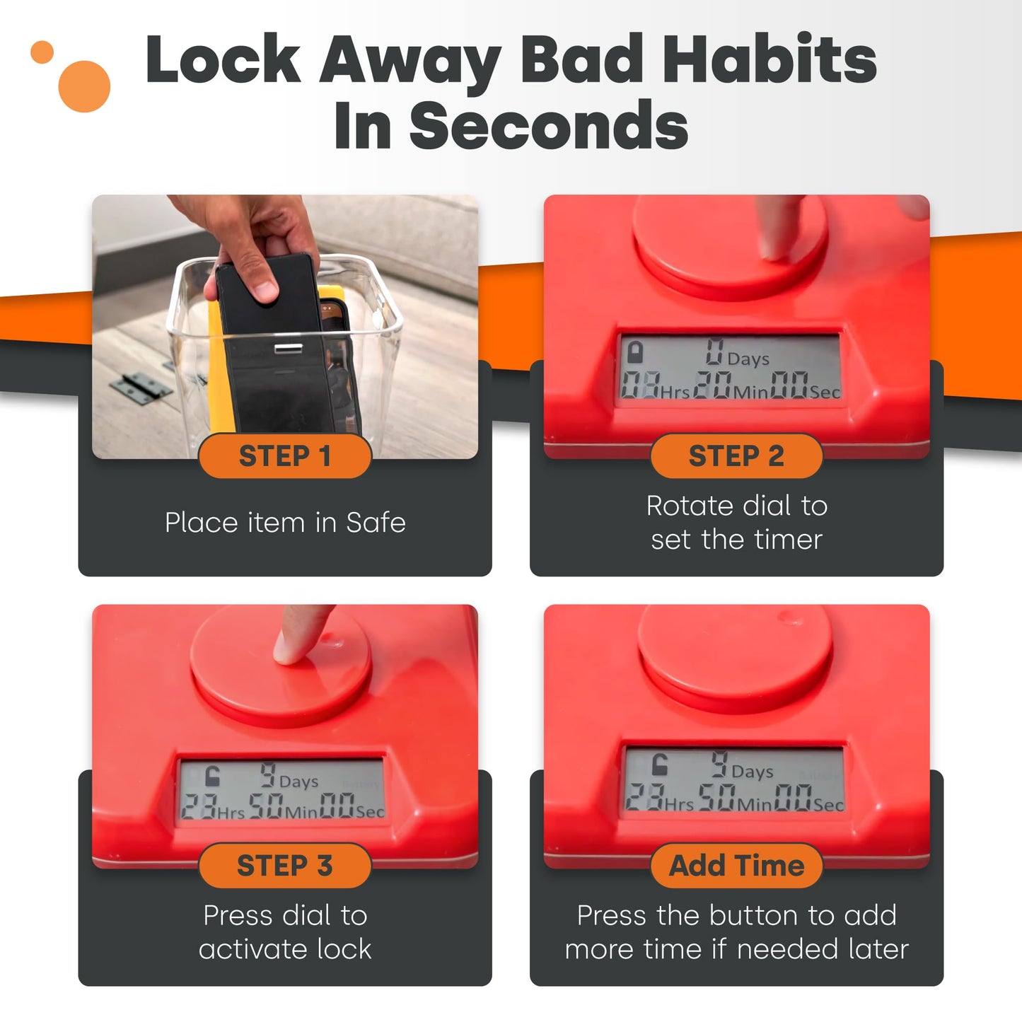Kitchen Safe with time-lock container (Medium), time-lock box for phones, snacks, and other unwanted temptations (white lid + 5.5" white container with access opening)
