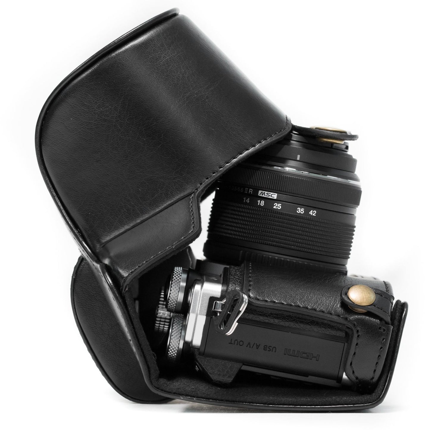 MegaGear MG367 Olympus OM-D E-M10 Mark II, E-M10 (14-42mm) Ever Ready Leather Camera Case with Strap - Black