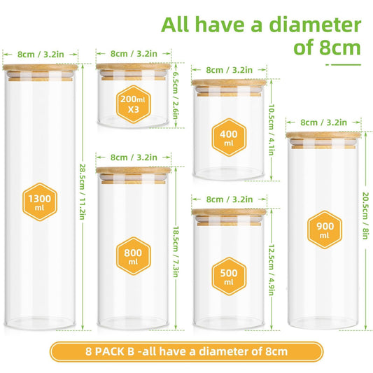 Lannvan glass storage jars with lids, 8-piece set, airtight glass storage containers with wooden lids for coffee beans, grains, nuts, flour, pasta, and spaghetti storage.