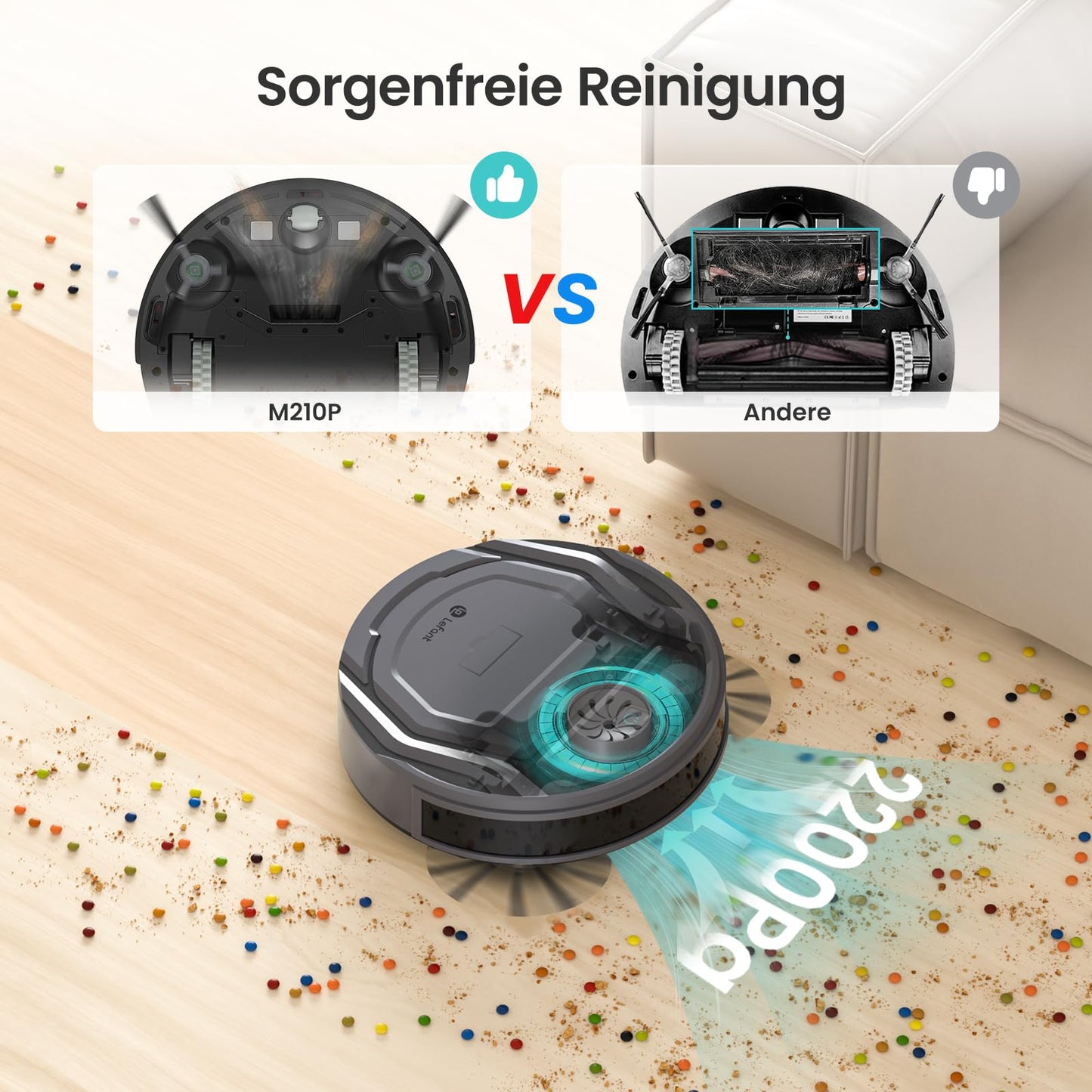 LEFANT M210PG robot vacuum with 2200 Pa, WiFi, compatible with Alexa and app control, 120 min runtime, optimized for carpets, pet hair, and hard floors with charging dock.
