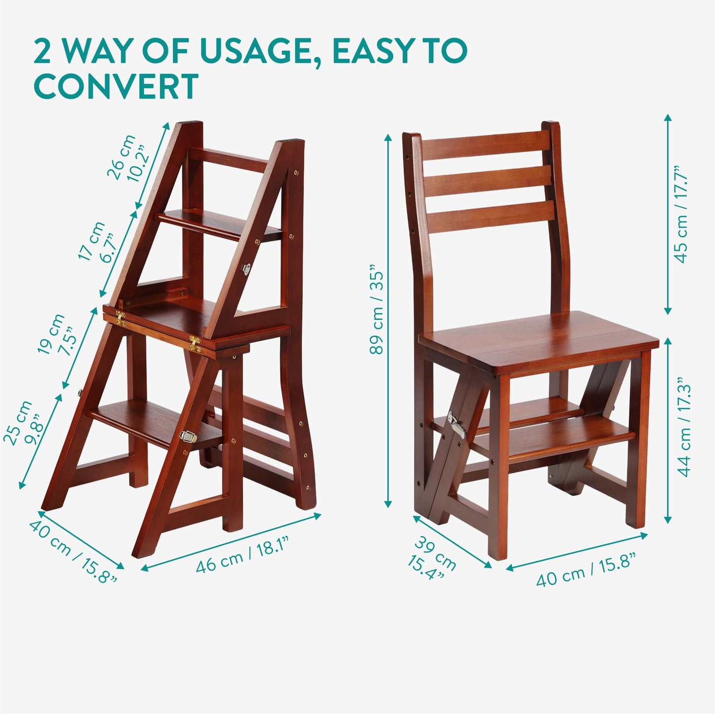 Navaris Folding Chair with Step Function - Chair 3-Step Ladder and Flower Stand in One - Bamboo Folding Chair Folding Step Stool - Kitchen Chair Foldable - Dark Brown