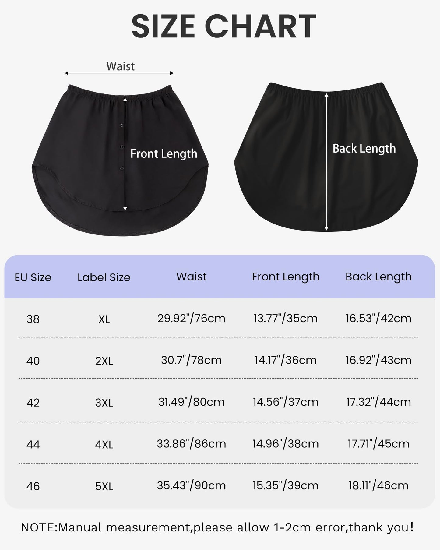 Auranso blouse skirt women's shirt extension blouse extension blouse skirts underskirt shirt extensions 1/2/3 pieces Multicolored 46
