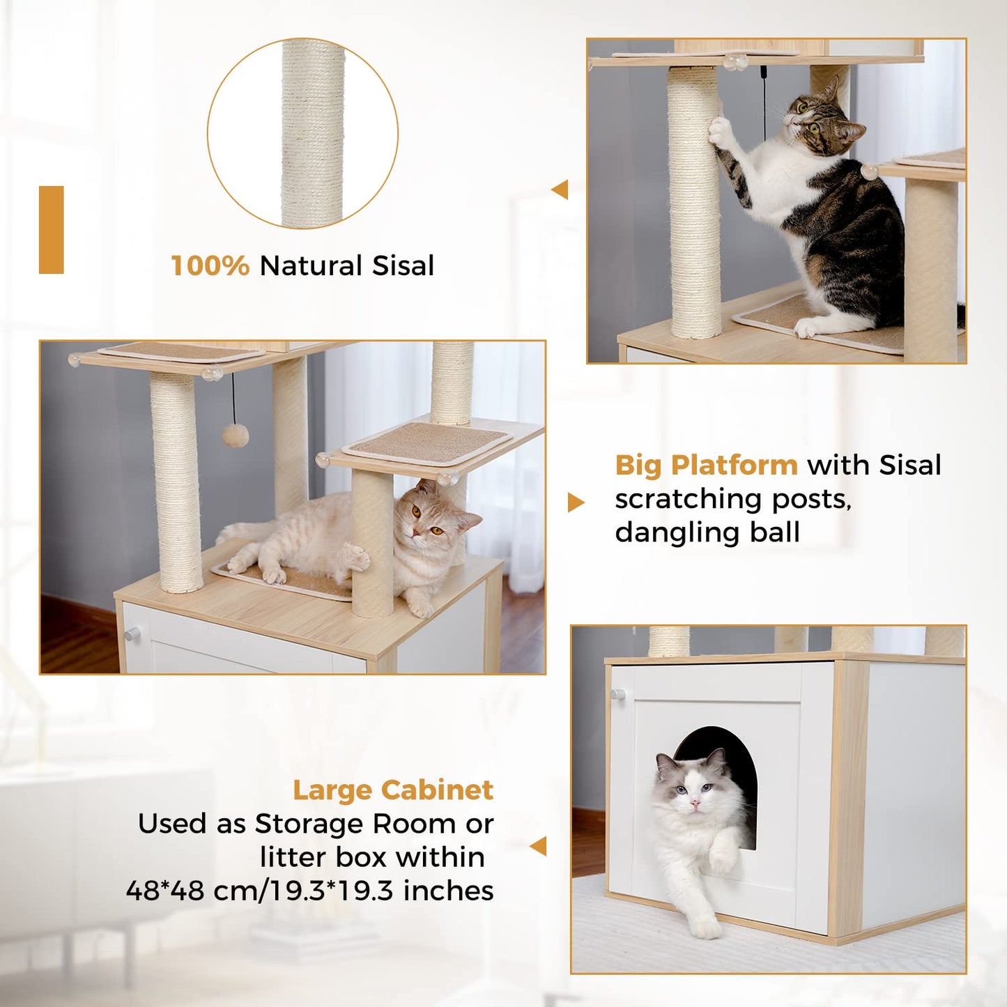 PAWZ Road Modern Cat Tree Wooden Cat Tower with Storage Cabinet Cat Bathroom Enclosure and Spacious Cat House Large upper perching platform and hammock Beige