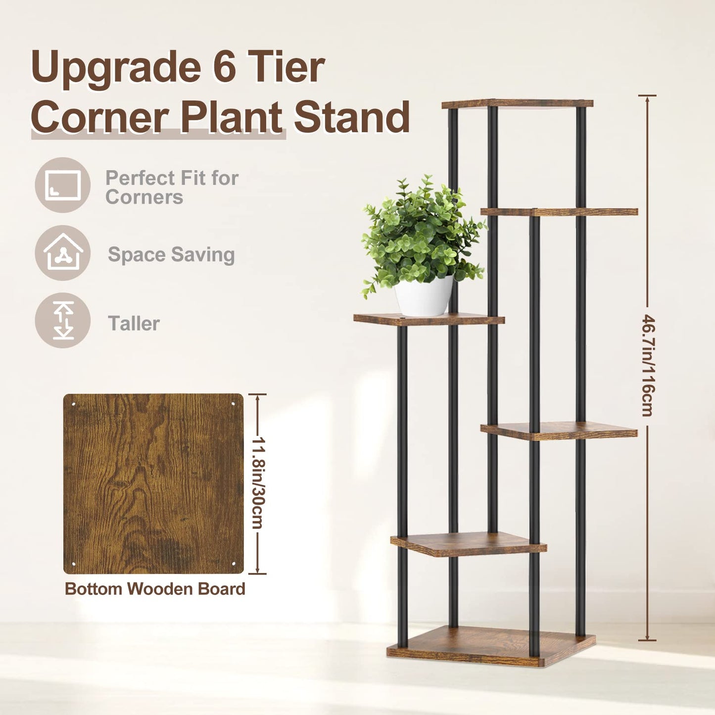 LyTaispuly 6 tier Plant Stand Flower Stand Outdoor, 115cm Metal Wood Flower Pot Stand Flower Ladder Flower Rack, Plant Stand for Outdoor Balcony Garden Living Room, Black