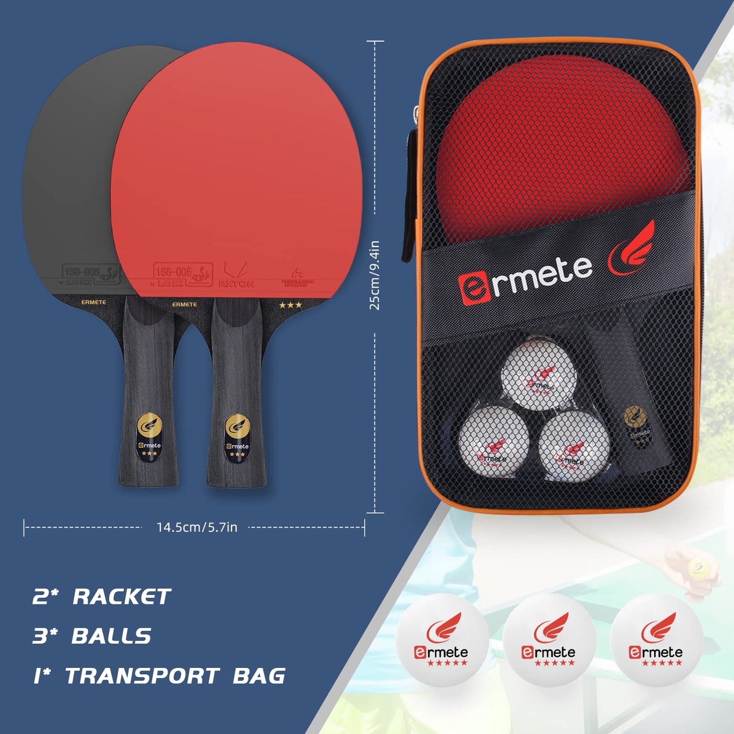 Table tennis set, 2 professional table tennis rackets, 3 table tennis balls, and carrying case. Perfect for beginners, families, and professionals.
