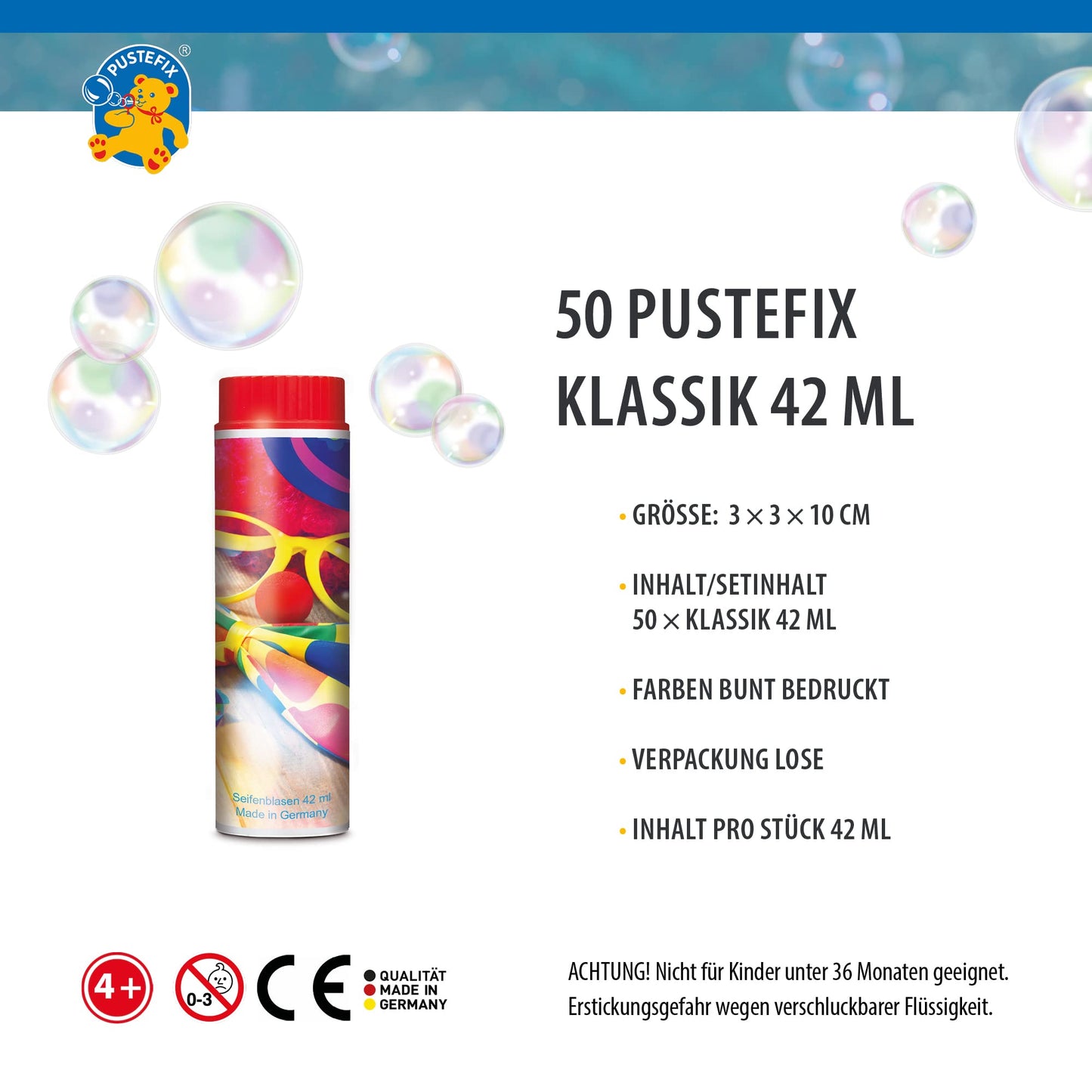PUSTEFIX Bubble Set I 50 x Classic 42ml Carnival, 5th Season I Carnival Bubbles Made in Germany I Bubbles for Carnival/Mardi Gras, Children's Birthday Party, Bachelor Party I 50 x 42 ml Value Pack