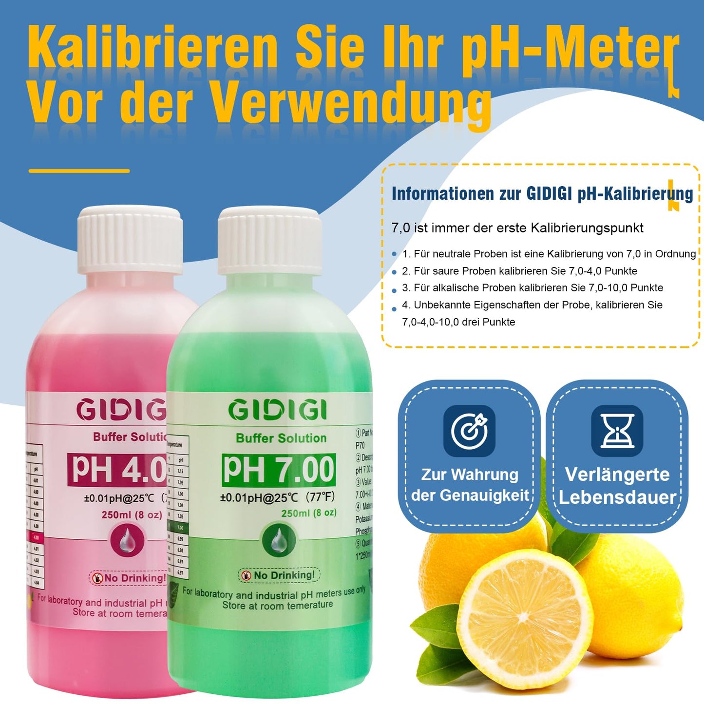 pH meter calibration solution kit, includes pH 4.00, 7.00, and pH electrode storage solution, pH calibration buffer solution 250 ml*2, pH probe storage solution 30 ml*1, pH tester accessories.