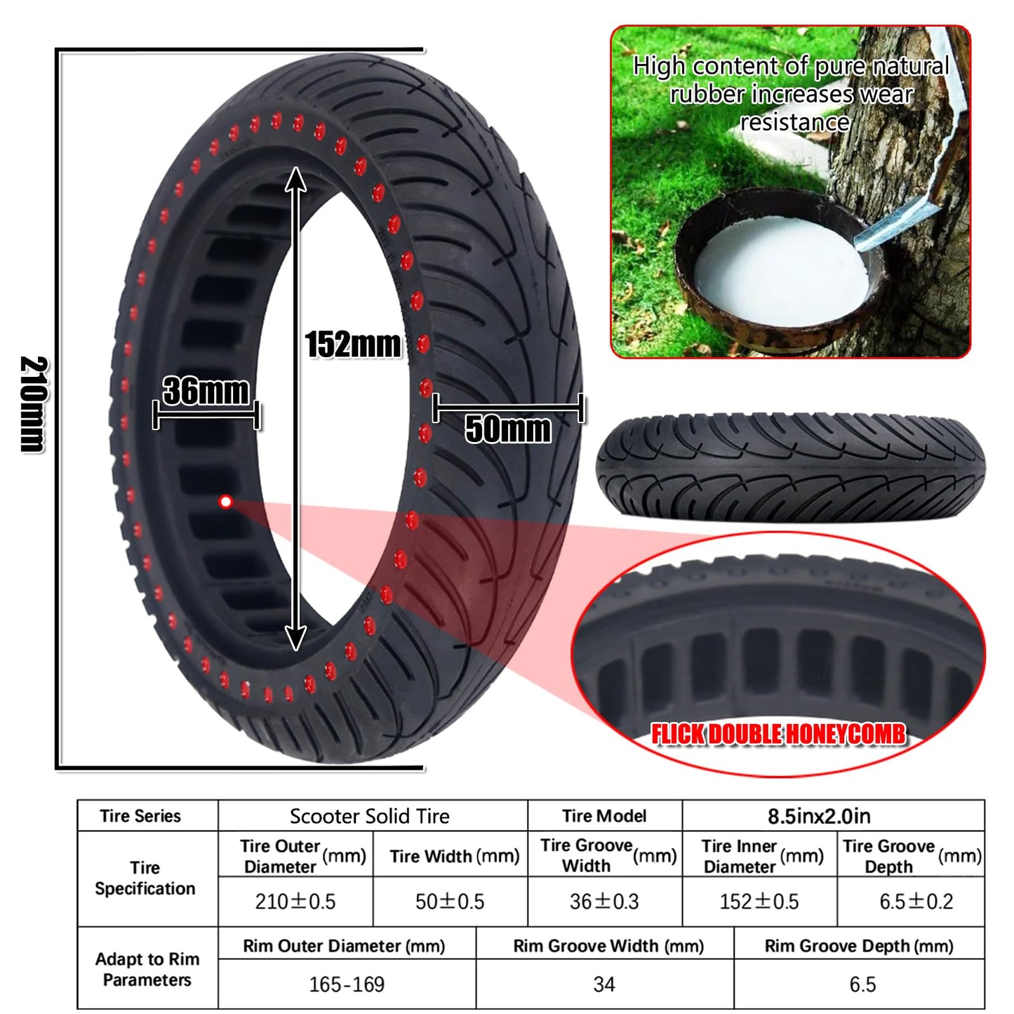 8.5 inch scooter tire 50/75-6.1, scooter solid rubber tire 8 1/2, electric scooter solid rubber tire, 8.5 inch e scooter wheel tubeless for Xiaomi M365 MI 1S, replacement tire