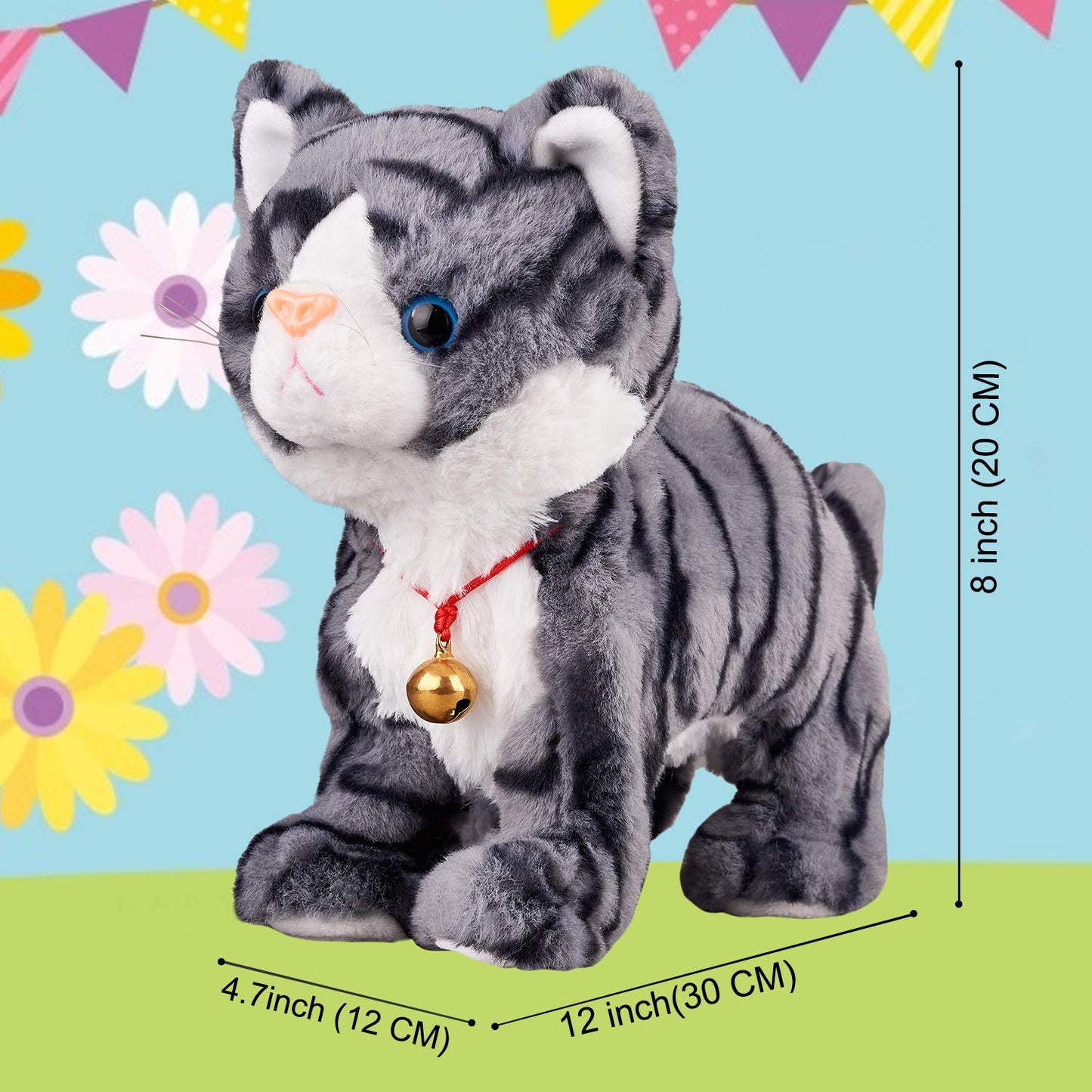 Marsjoy Interactive Plush Cat, plush toy, gray robot, with touch control, electronic cat pet, robot cat toy, animated toy for girls, kids, L: 30.5 cm.