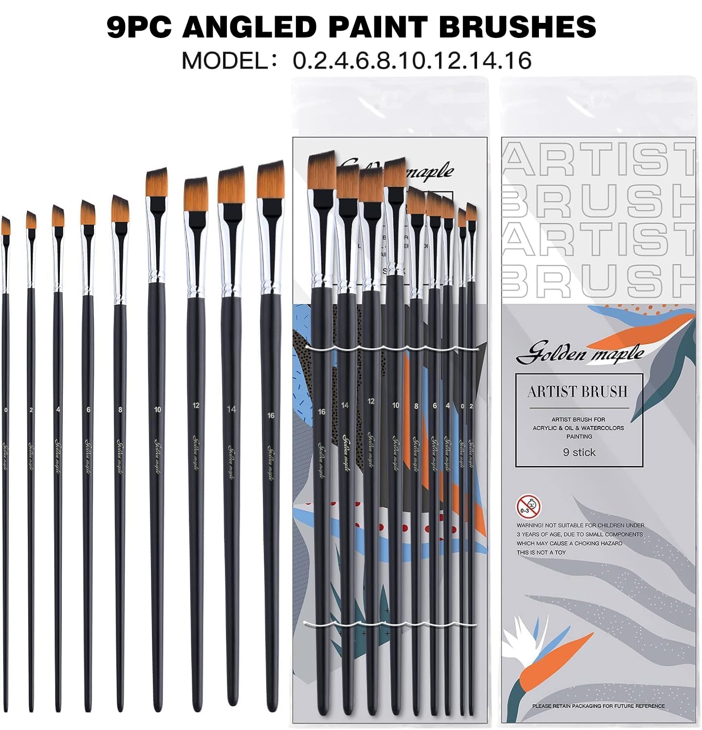 Angular brush set Artist Paint Brush Flat Brush for acrylic painting Watercolor painting Oil painting Perfect for beginners artists and children Long handle 9 pieces