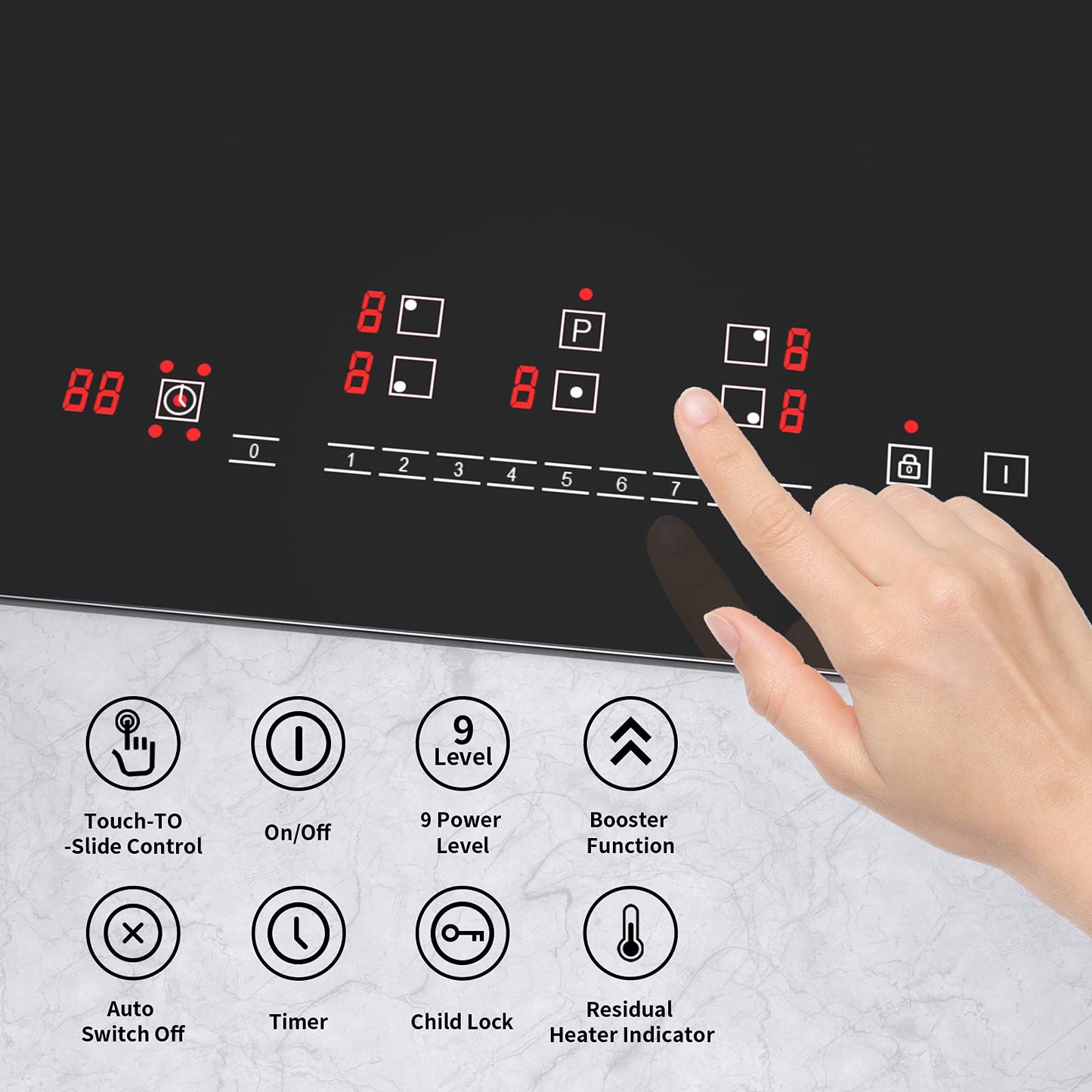 Induction hob 5 zones, IsEasy 90cm Frameless Induction hob, Induction hob with 5 cooking zones, 8600W, Booster function, Digital control, 9 heat levels, Glass ceramic.
