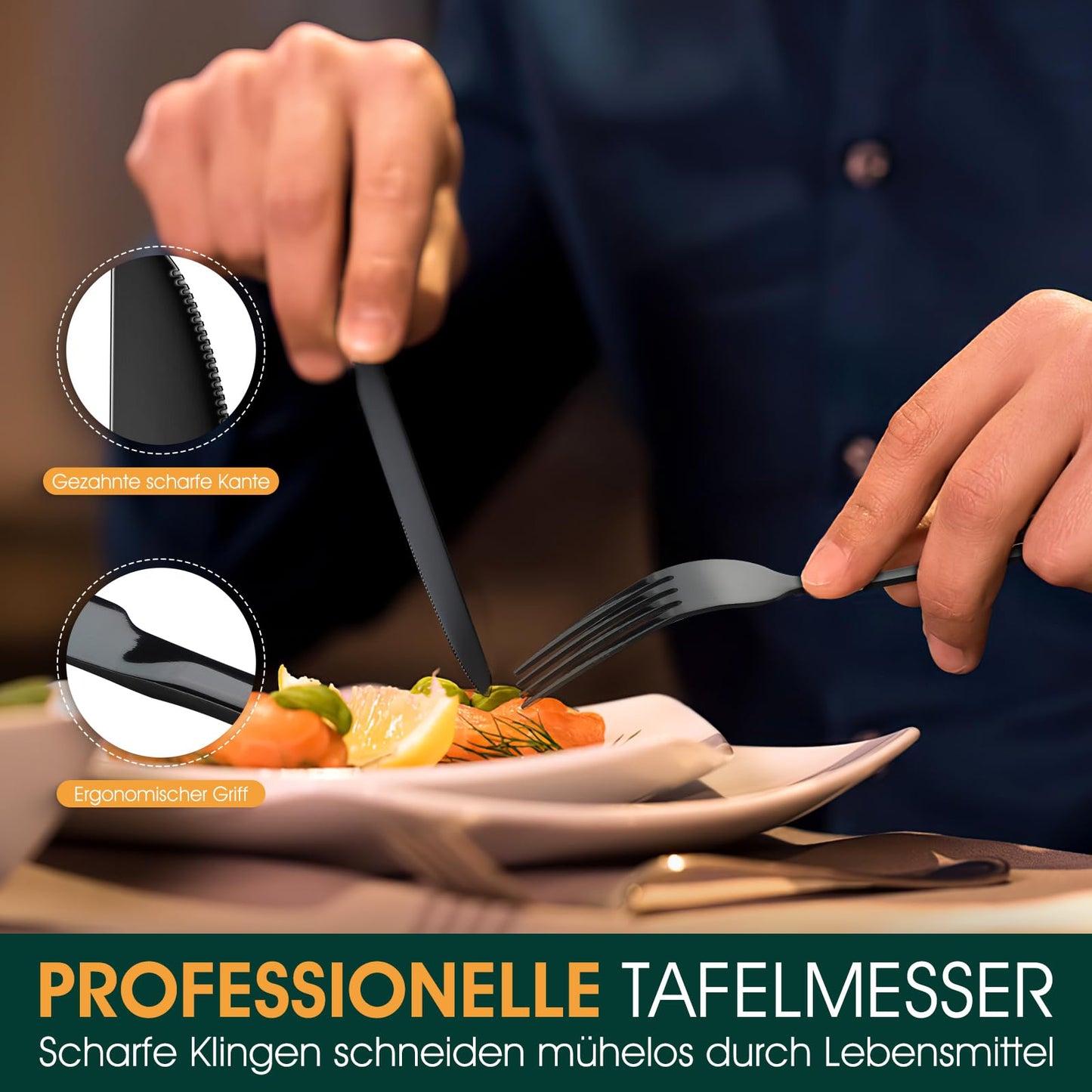 TAN REN Black Cutlery Set for 6 People, 36-Piece Stainless Steel Black Cutlery Set with Steak Knives, Elegant Dining Utensils with Knife Fork Spoon, Tableware for Kitchen/Restaurant