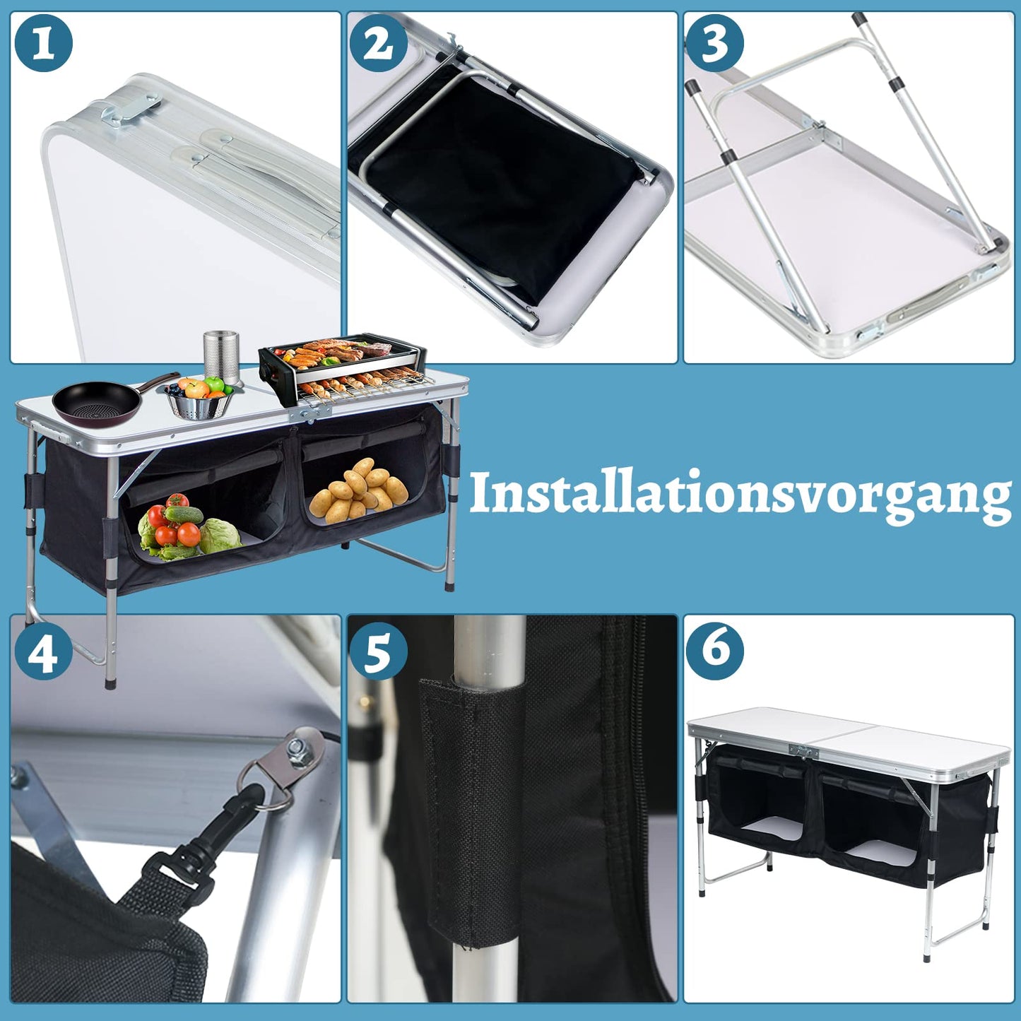 Jiubiaz Folding Camping Kitchen Aluminum Camping Table, Adjustable Height Camping Cabinet with Carrying Bag, Outdoor Camping Kitchen for Picnic