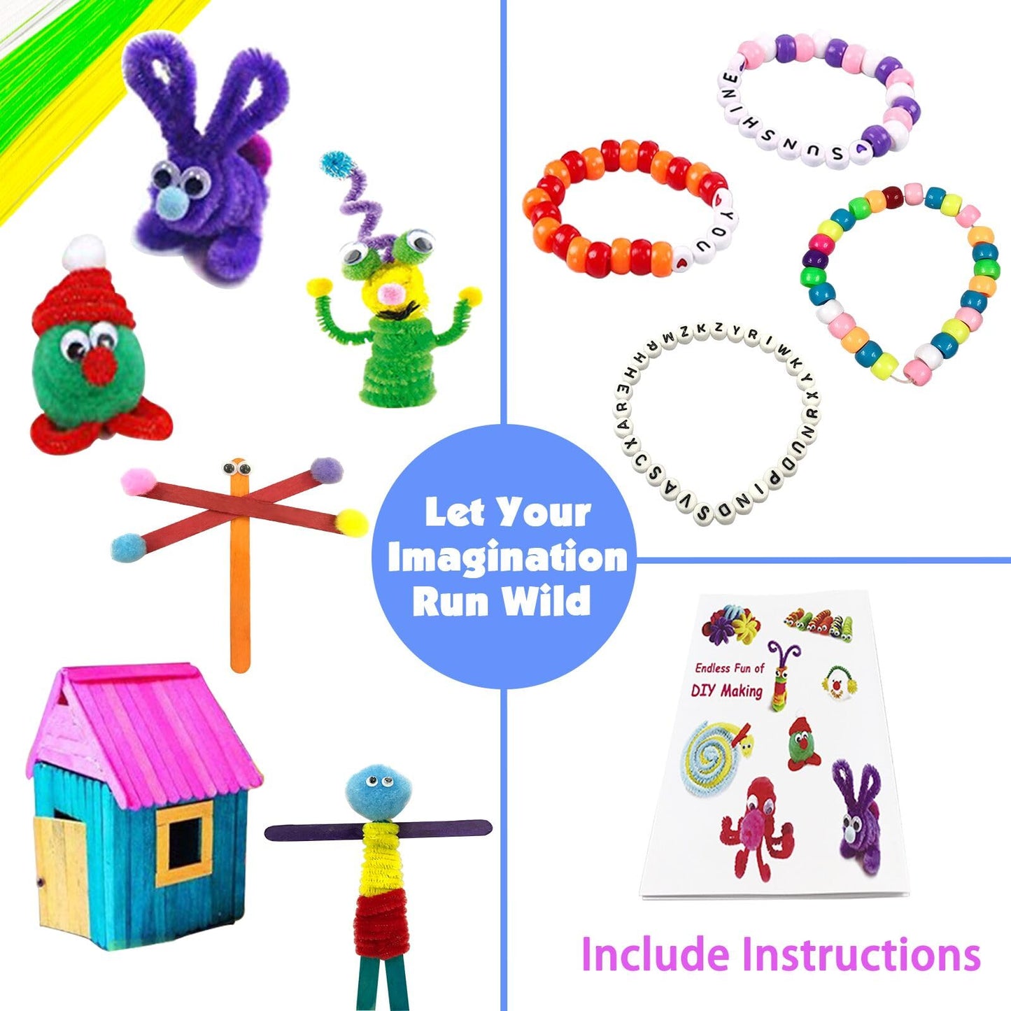 3000 piece children's DIY craft kit, craft suitcase with pipe cleaners, googly eyes, beads. Creative scrapbooking kit for girls and boys ages 4-8. Gift in Rose color.