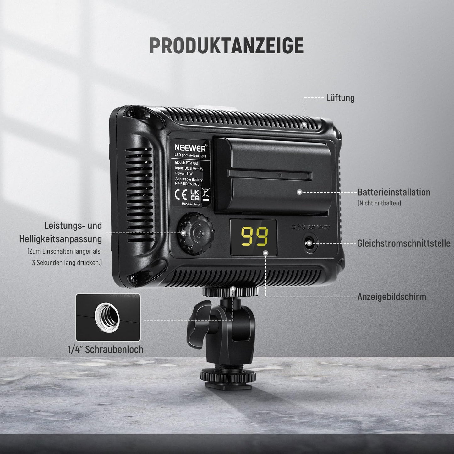 NEEWER 176 LED Video Light Set: Dimmable video light panel, streaming light with 2200mAh Li-Ion battery, key light with USB charger and carrying bag for product and portrait lighting camera photography.
