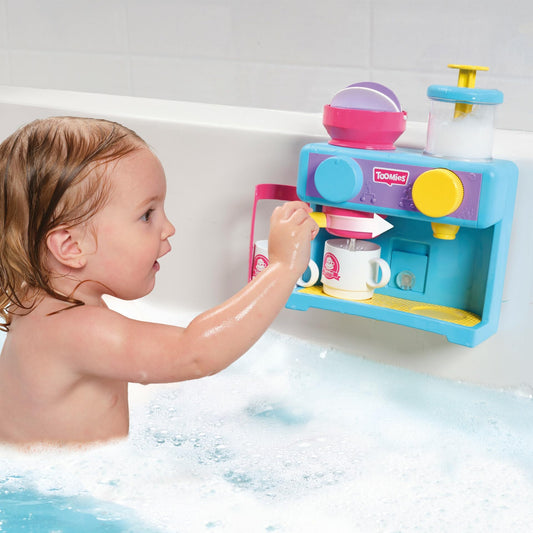 Tomy Toomies Bath Barista - Wall-mounted baby bath toy as a café & foam bath play kitchen for toddlers - Kitchen set: 3 cups, 1 jug, 1 shaker - for girls & boys aged 18 months and up.