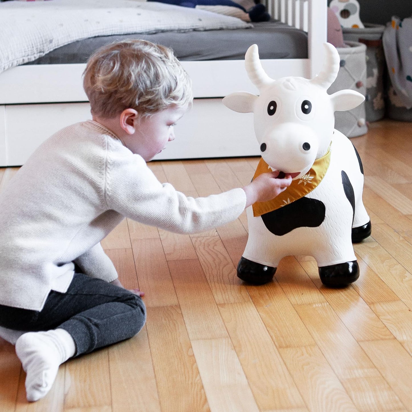 Childhood Hopping Animal for Kids, subtle and modern colors, lovely details and high quality, includes air pump, Cow.