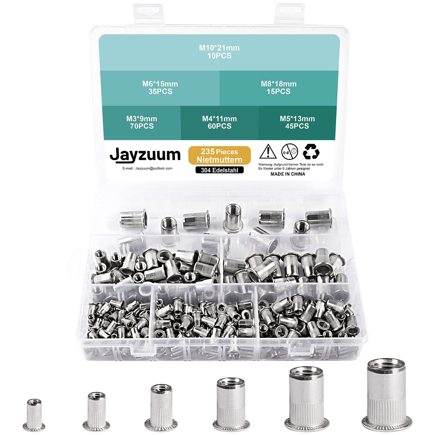 Jayzuum 235-Piece Rivet Nut Assortment Set, M3 M4 M5 M6 M8 M10 A2-70 Stainless Steel Rivet Nutserts with Storage Box (wide) (235-Piece Rivet Nuts)