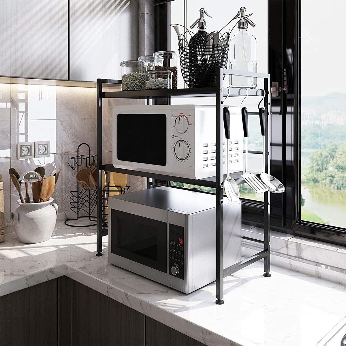 Pull-Out Microwave Shelf, Kitchen Shelf Holder, Microwave, Extendable, with 3 Levels, Made of Carbon Steel, with 3 Hooks (3 Levels, Black)