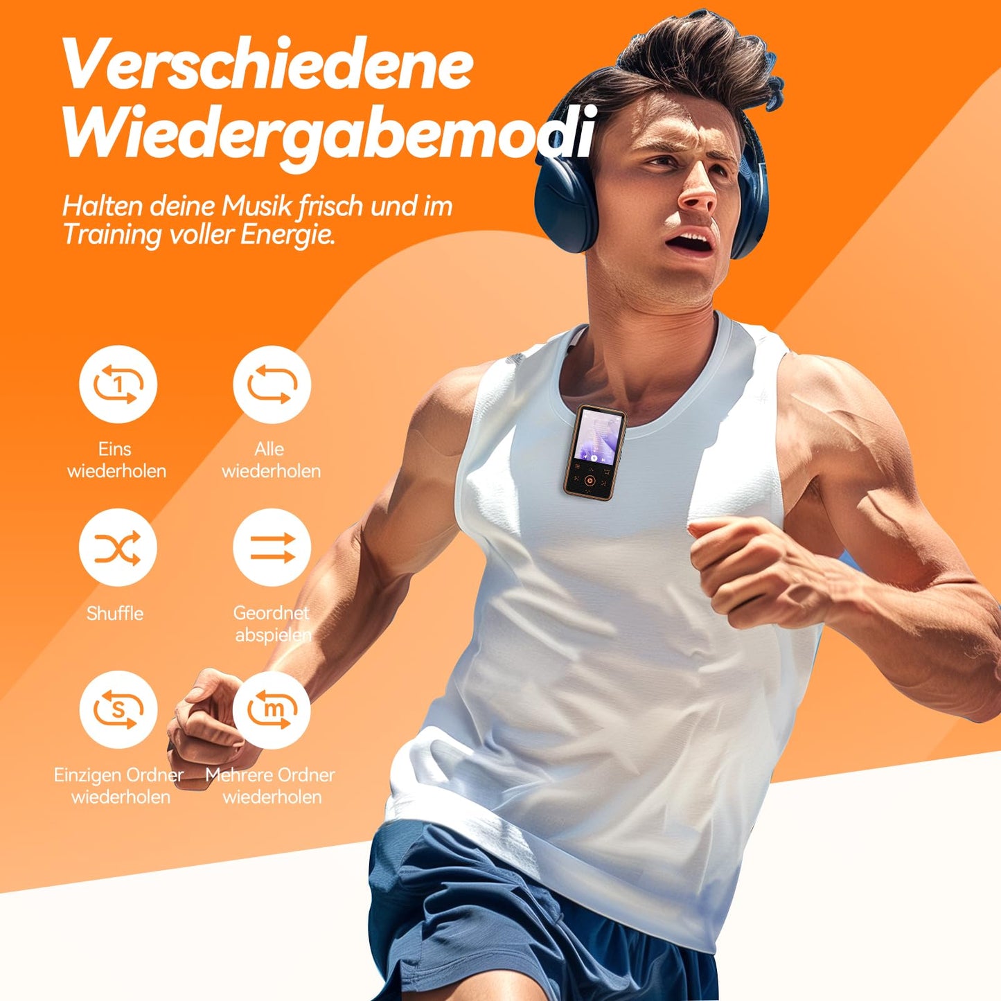 AGPTEK 64GB MP3 player with sport clip, Bluetooth 5.3 player with 1.8-inch TFT color screen, mini music player with touch buttons, FM radio, pedometer, supports up to 128GB SD card, orange