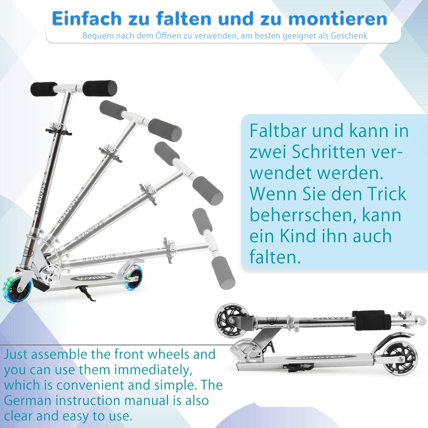 TENBOOM Kids Scooter 6 years, with 2 LED light-up wheels. Foldable and height adjustable, with rear brake. Suitable for boys and girls aged 3-10.