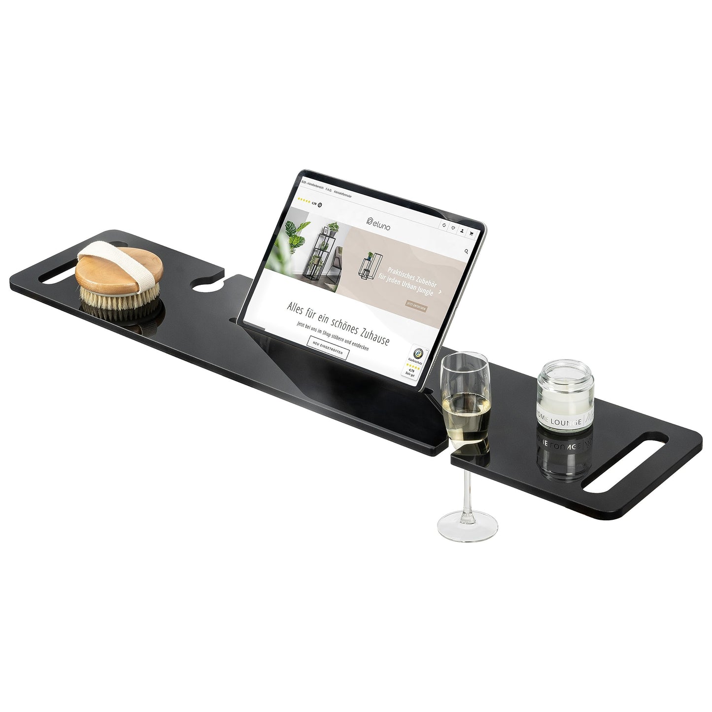 eluno acrylic bathtub caddy with drink holder and tablet slot, approximately 90 cm (black/high gloss)