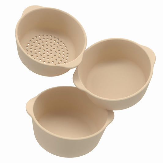 Inspire My Play - 3 x Nature Stackable Silicone Bowls and Sieve - Perfect accessory for Sensory Play Tray - Accessories for Tuff Tray - Toys for Early Development & Activity Play.