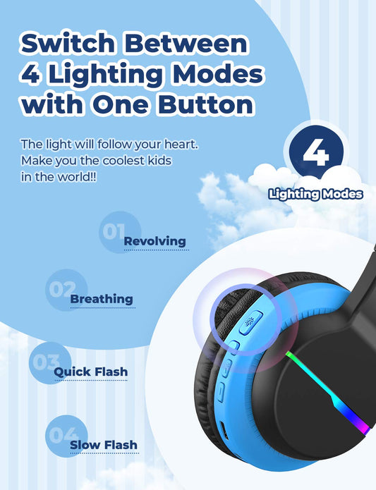iClever Bluetooth Kids Headphones, Colorful LED Lights, Over-Ear Headphones with 74/85dBA Volume Limiting, 85 Hours Playtime, Bluetooth 5.2, Built-in Microphone BTH12