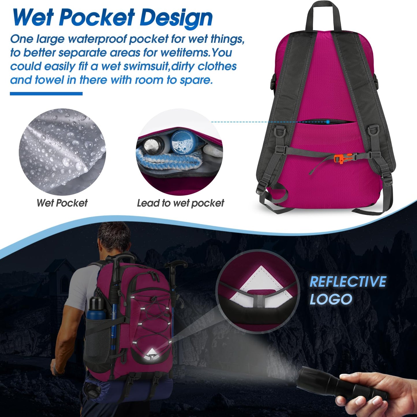 IGOLUMON hiking backpack for men and women, 40L waterproof and lightweight. Foldable for travel, with reflective strips for cycling, climbing, hiking, and sports. (Rose)