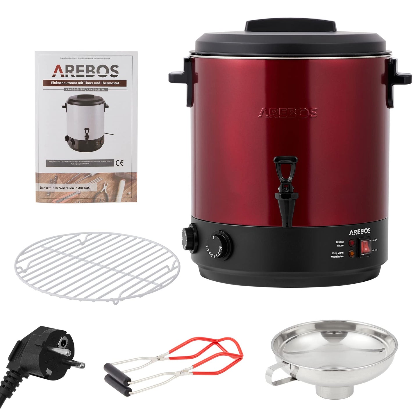 Arebos preserving cooker 1800 W | 28 L preserving pot | with timer, thermostat & overheat protection | continuously adjustable 30-110°C | mulled wine cooker | incl. canning jar lifter & canning funnel | Red