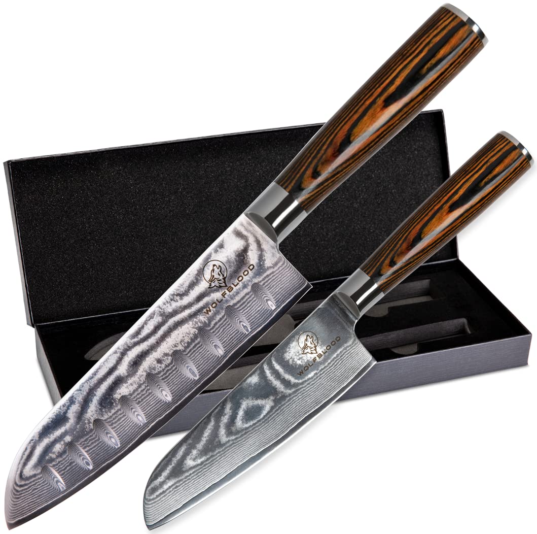 Wolfblood 2-piece Damascus Knife Set (30cm and 24cm) Professional Santoku Damascus Kitchen Knife made of genuine 67-layer Damascus steel. Santoku Damascus Knife Set with wooden handle, gift box & blade cover.