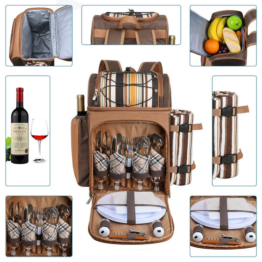 Hap Tim 4 Person Picnic Backpack Set with Insulated Leakproof Cooler Bag, Wine Holder, Fleece Blanket, Cutlery Set, Camping, Family, and Lover Gifts (EU-36079)
