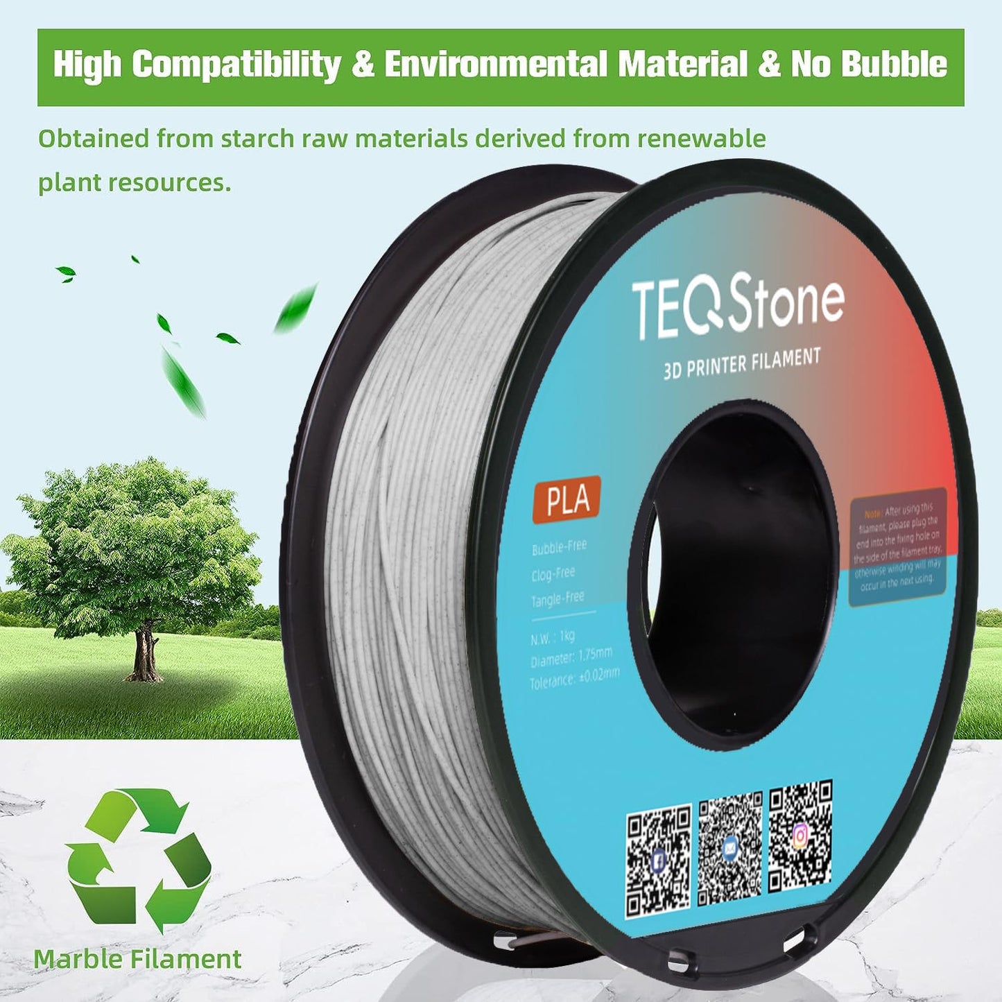 TEQStone PLA Filament 1.75mm Marble Grey, stone-like surface, precision +/- 0.03mm 3D printer filament Marble PLA 1kg spool vacuum packed