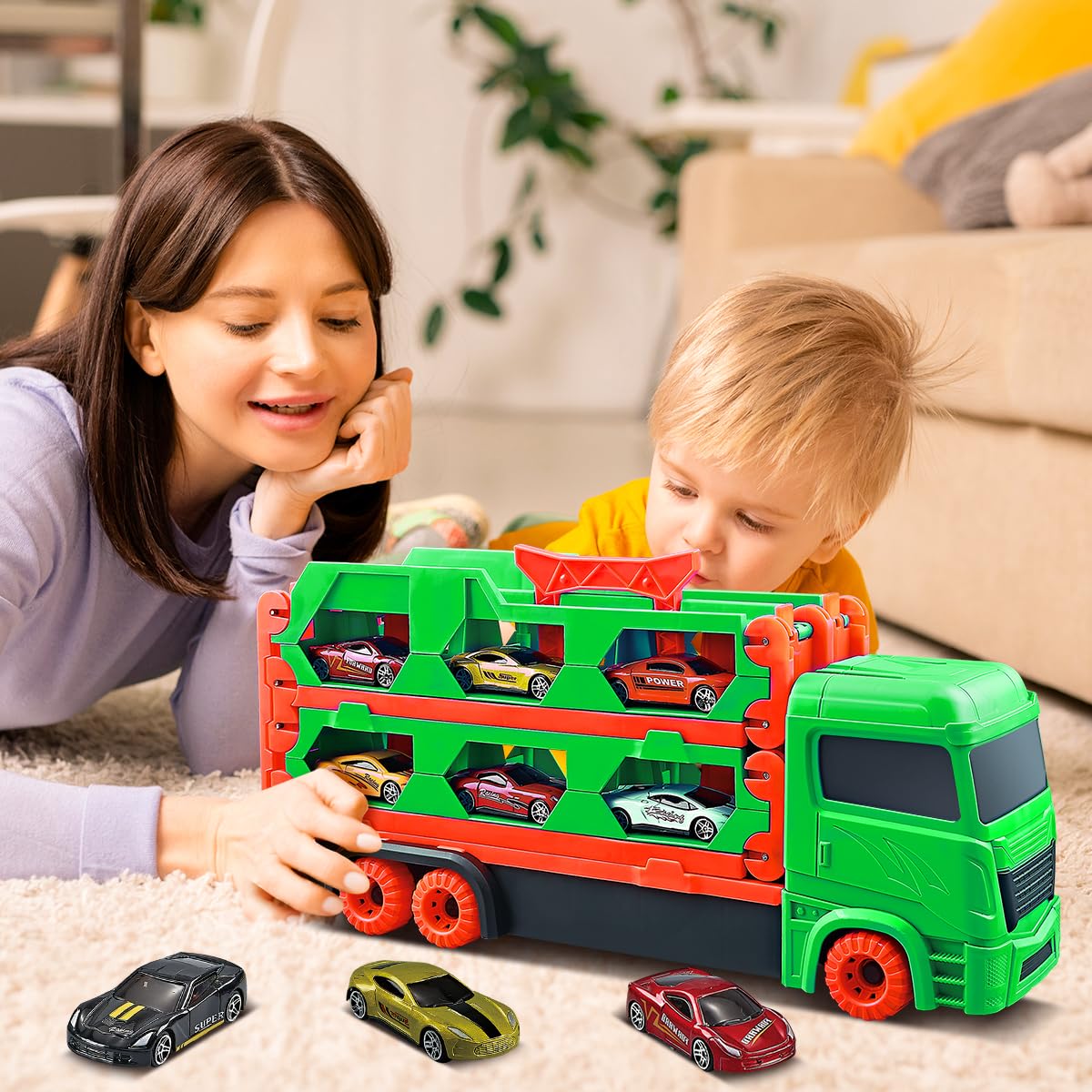 VATOS Transport Truck Toy Cars for boys aged 3, 4, 5, 6 years old, portable race track truck toy car with 6 race cars, transporter vehicle toy set for kids.