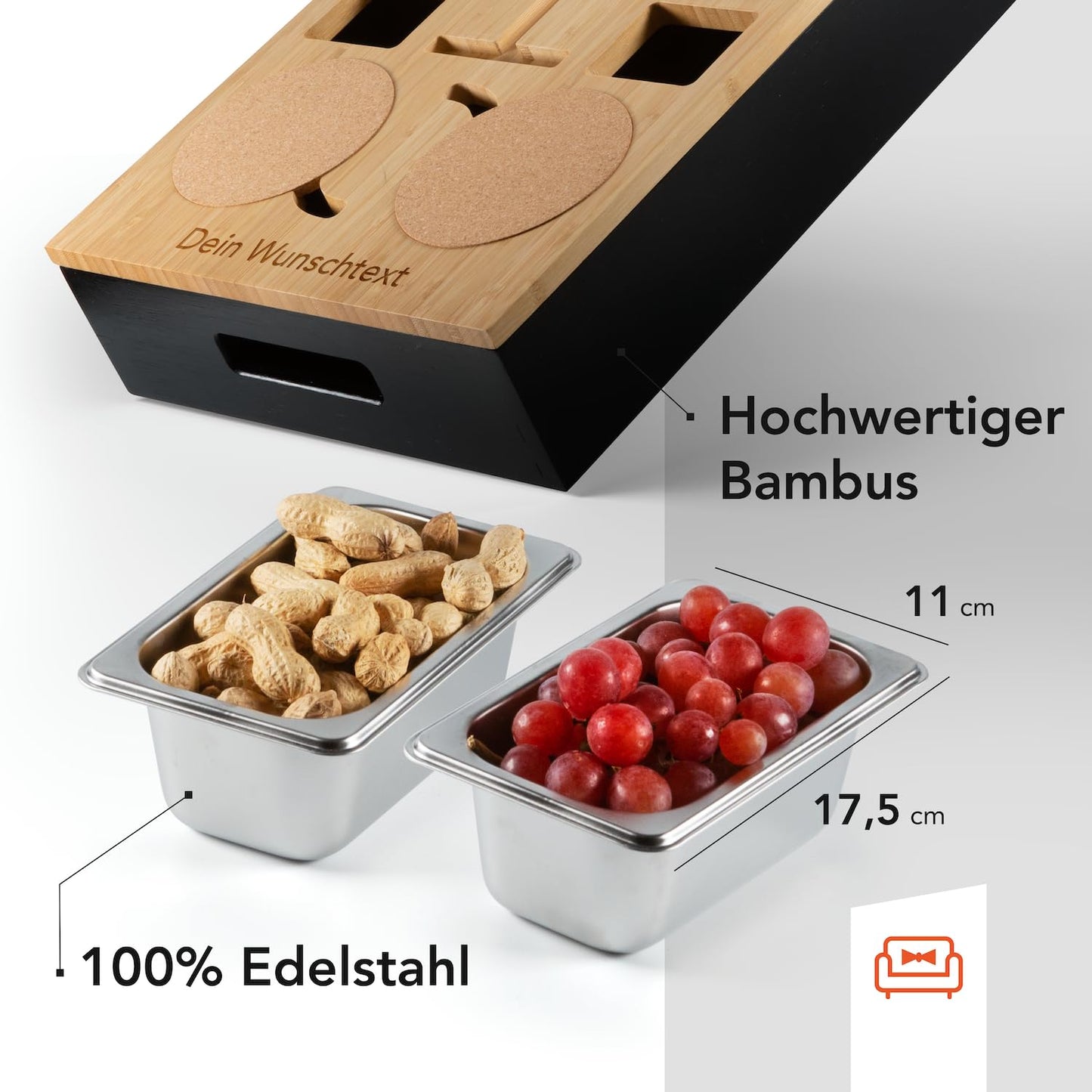 NewHabitat | Couchbar - Personalized snack box made of bamboo with engraving | Sofa tray with 2 snack bowls, 2 drink holders with coasters, magnetic lid, phone holder, includes gift box.