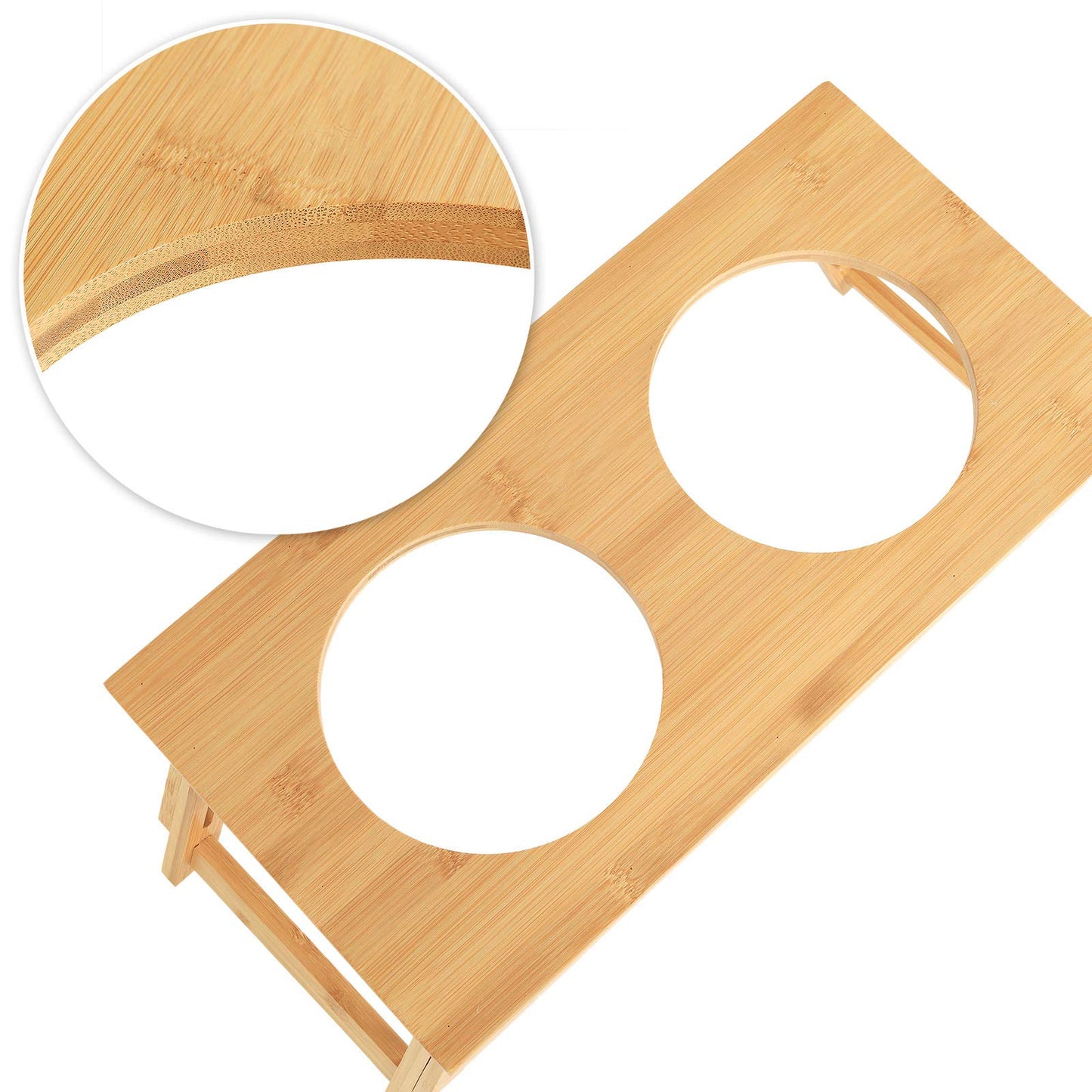 Lionto adjustable dog bowl made of durable bamboo, 45x23 cm, height 14.5-18.5 cm, double feeding bowl for dogs & cats, 2 dishwasher-safe stainless steel bowls with a capacity of 15 cm in diameter and 700ml each.