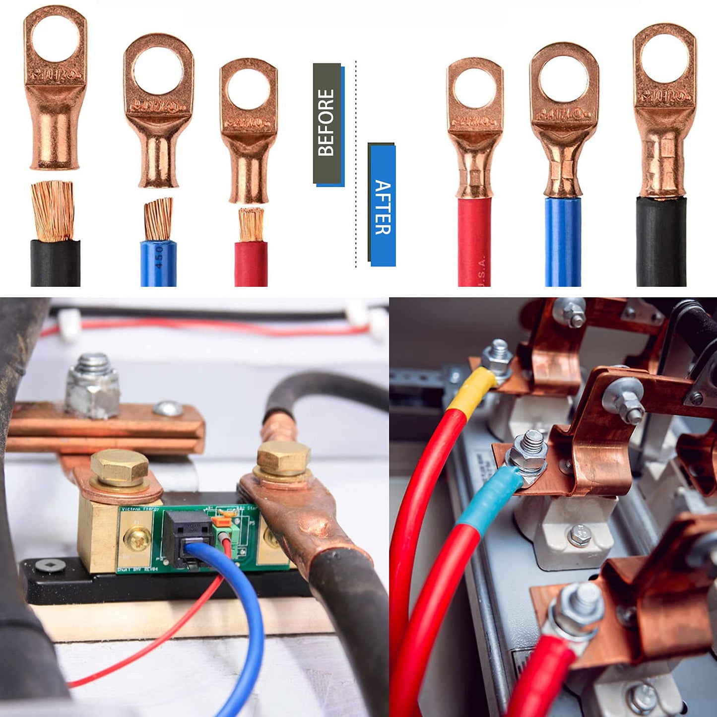 Brileine Battery Cable Lug Crimping Tool Large 10-1/0 AWG with 8 Sizes 60 Pieces Copper Ring Terminals - Crimping Tool Battery Cable Set