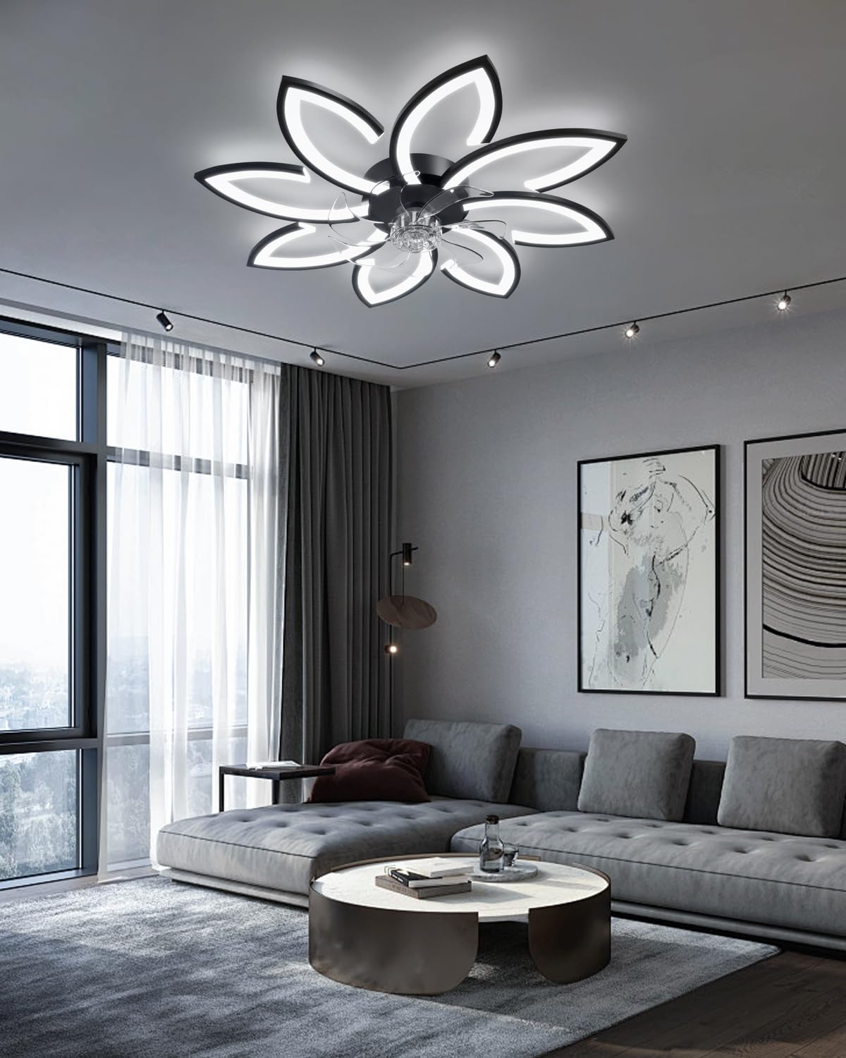 YUNLONG 90cm Ceiling Fan with Light, Very Quiet Living Room Dimmable LED Lamp with Fan, Modern DC Motor Fan with Light, Summer/Winter Function for Bedroom Kitchen, Black