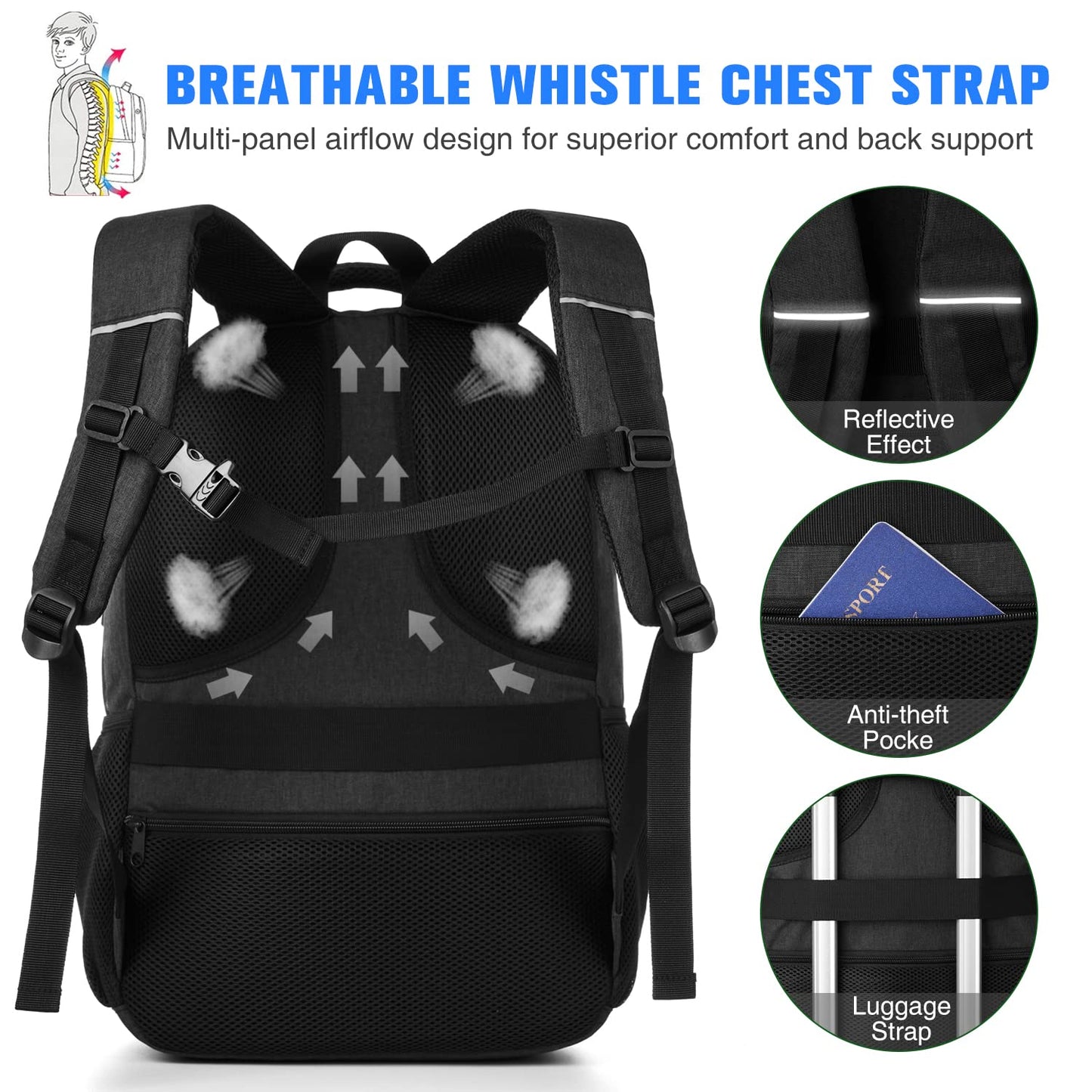 YAMTION Black Backpack for Men and Women, Unisex School Backpack for Teenage Boys Girls 17.3 Inch Laptop Backpack School Bag with USB for College School Work Office