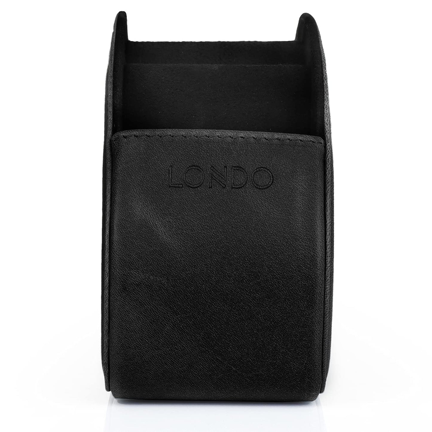 London Remote Control Holder with 5 pockets - space for DVD, Blu-Ray, TV, or Apple TV remotes - Italian genuine leather with suede lining - slim compact for living room storage.