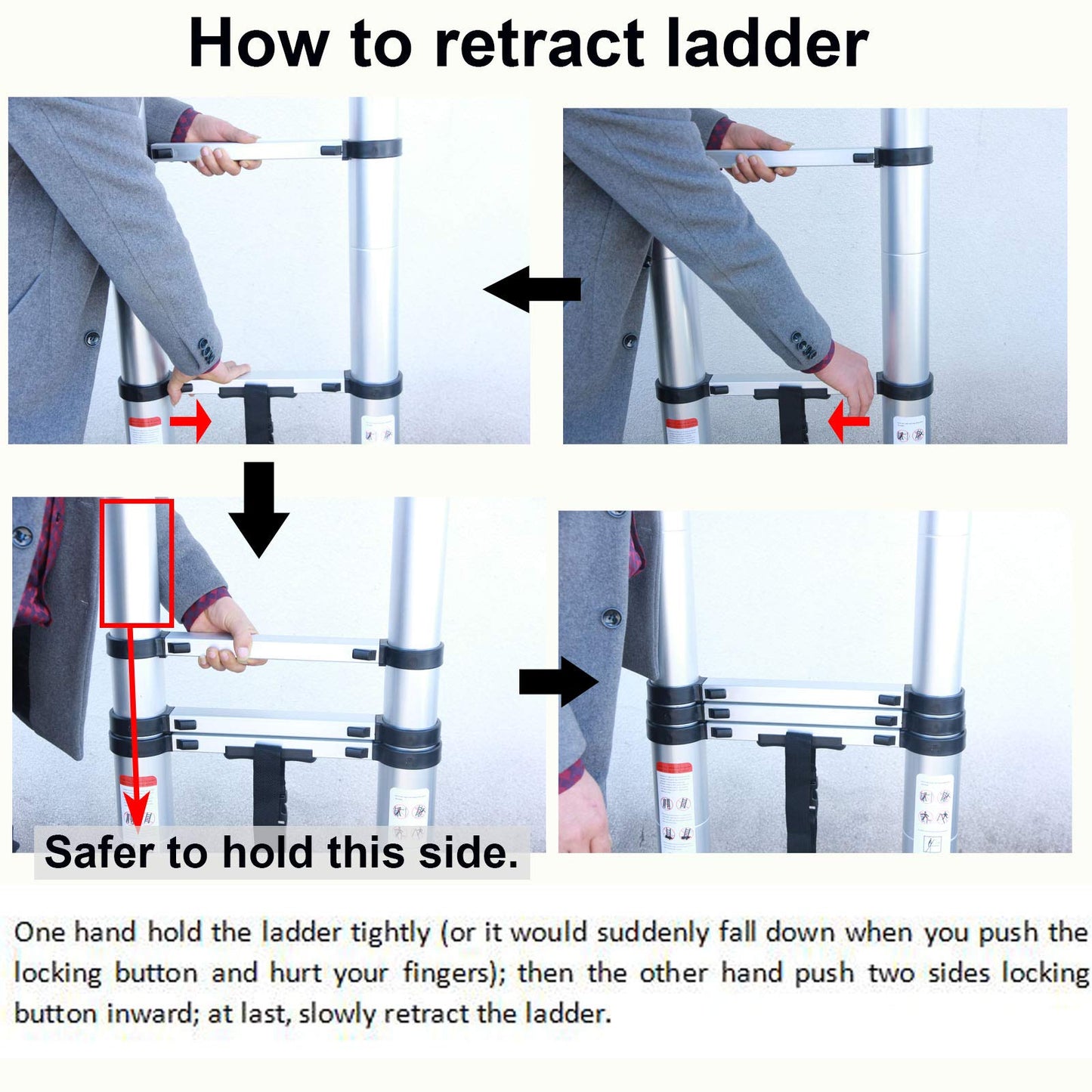 5M telescopic ladder with removable hook. Multi-purpose aluminum telescopic ladder. Portable extension ladder. Foldable ladder for outdoor and indoor use, safe and durable. Capacity up to 150kg.