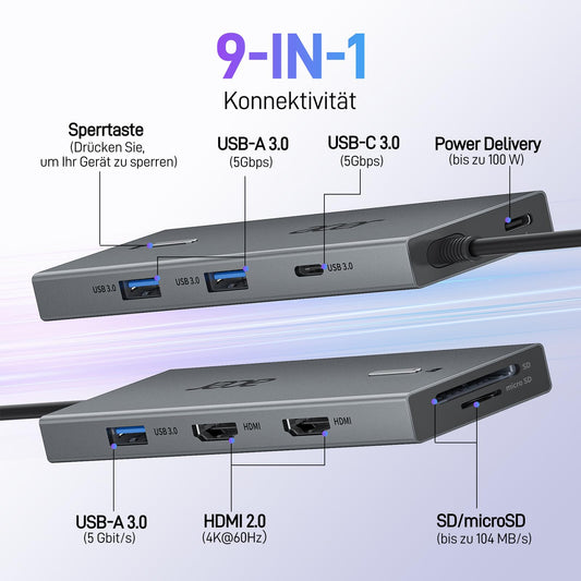 Acer USB C Docking Station Dual HDMI, 9IN1 Type C Hub with HDMI 4K@60Hz, 3 USB-A ports, 1 Type-C 5Gbps, 100W PD, SD/TF card reader. Multiport for dual monitors, compatible with Dell, Chromebook, MacBook Air/Pro, Surface, etc.