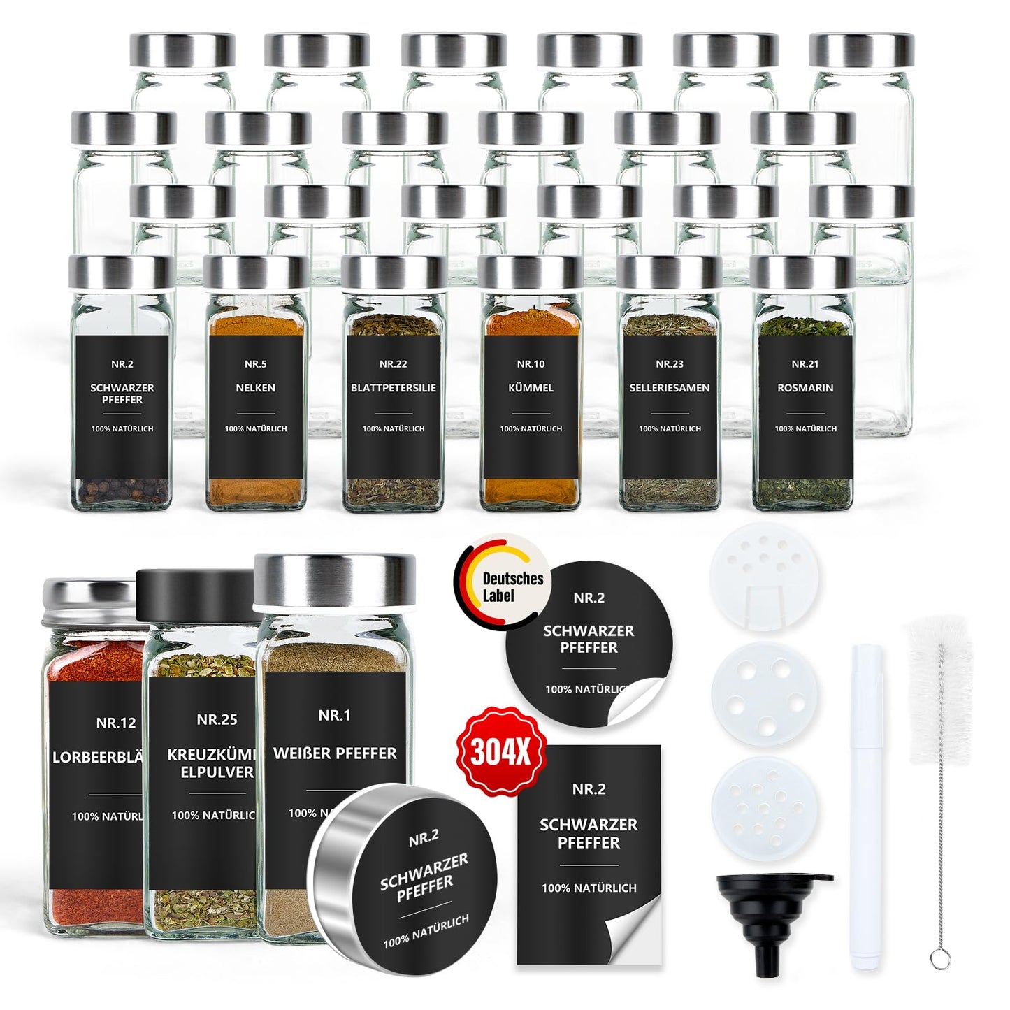 Square Spice Jars with Labels Set of 24: Small 120ml glass spice jars with sprinkle inserts Waterproof labels - Spice storage for kitchen drawer - Silver spice shaker