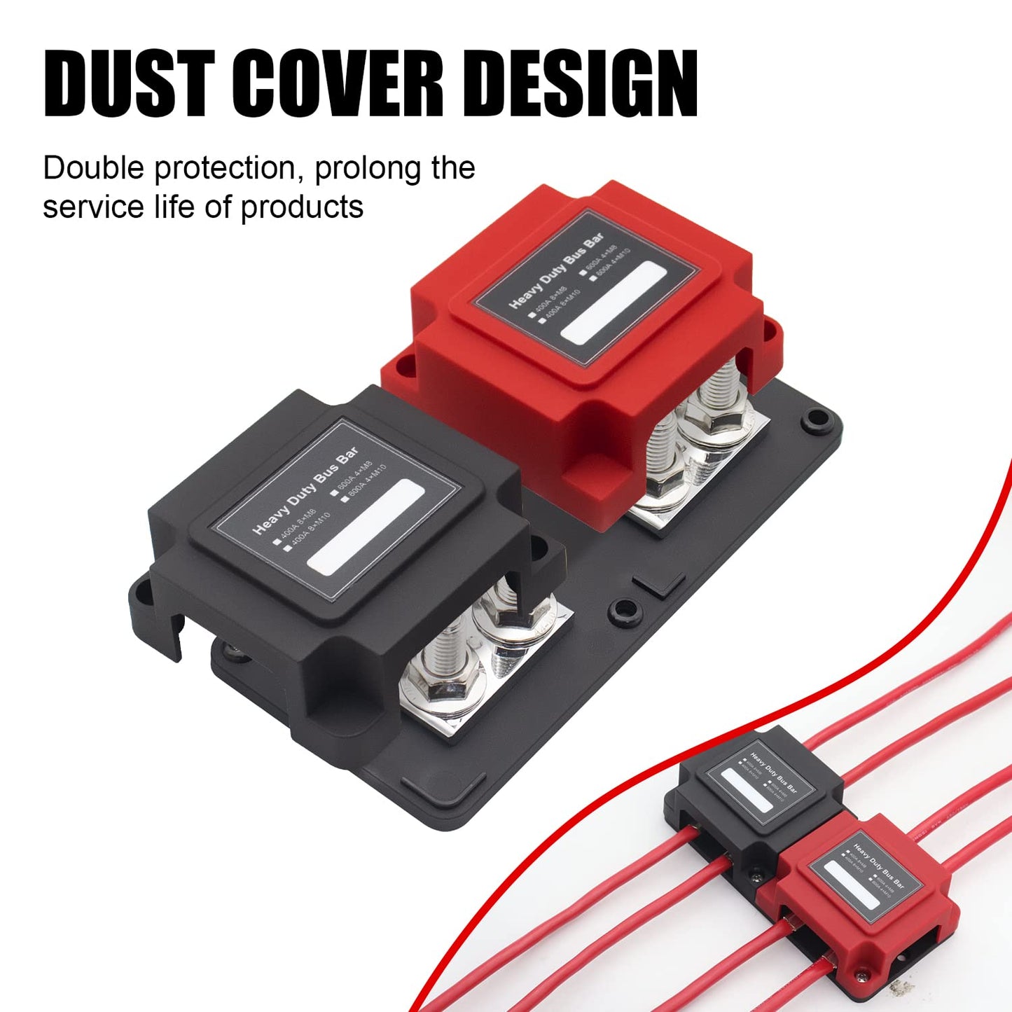 STANEW 400A Bus Bar Box Fuse Block Holder Copper-Made Heavy Duty Module Suitable 12V-48V DC, 8 x M10 (3/8 Inch) for solar-powered RVs, busbar clamps Black+Red Cover