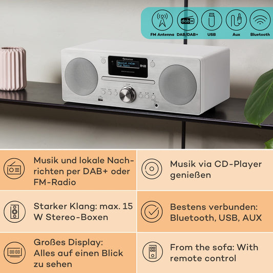Auna portable radio with CD player, DAB Plus with Bluetooth, DAB/DAB+/FM, kitchen radio with LCD display, MP3, USB connection, compact digital radio with alarm clock & remote control.