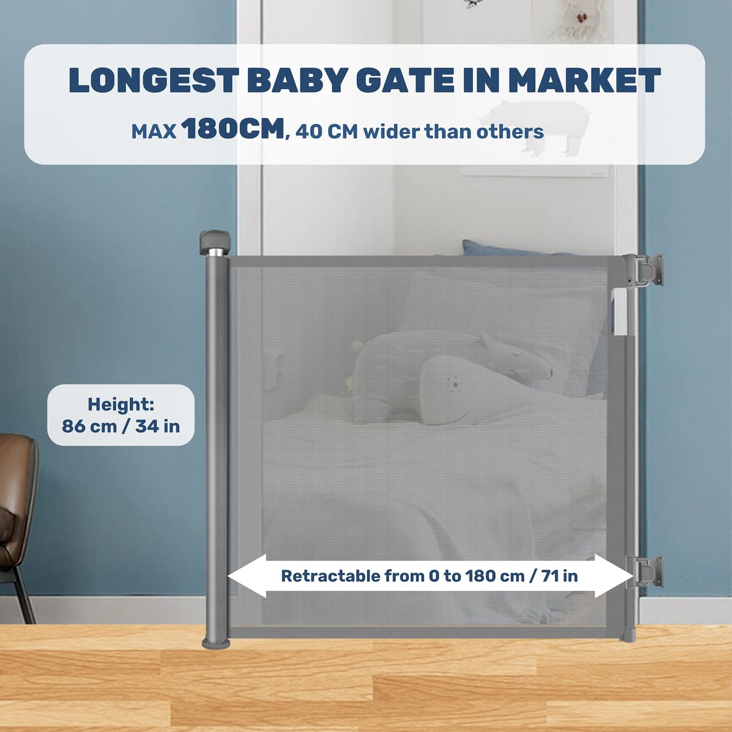 HollyHOME Retractable Stair Gate 0-180cm, Extra Wide Baby Gate, One-Hand Operation, Door Gate for Babies and Pets, Child Safety Gate, Mesh Gate for Stairs, Doors, Hallways, Grey.