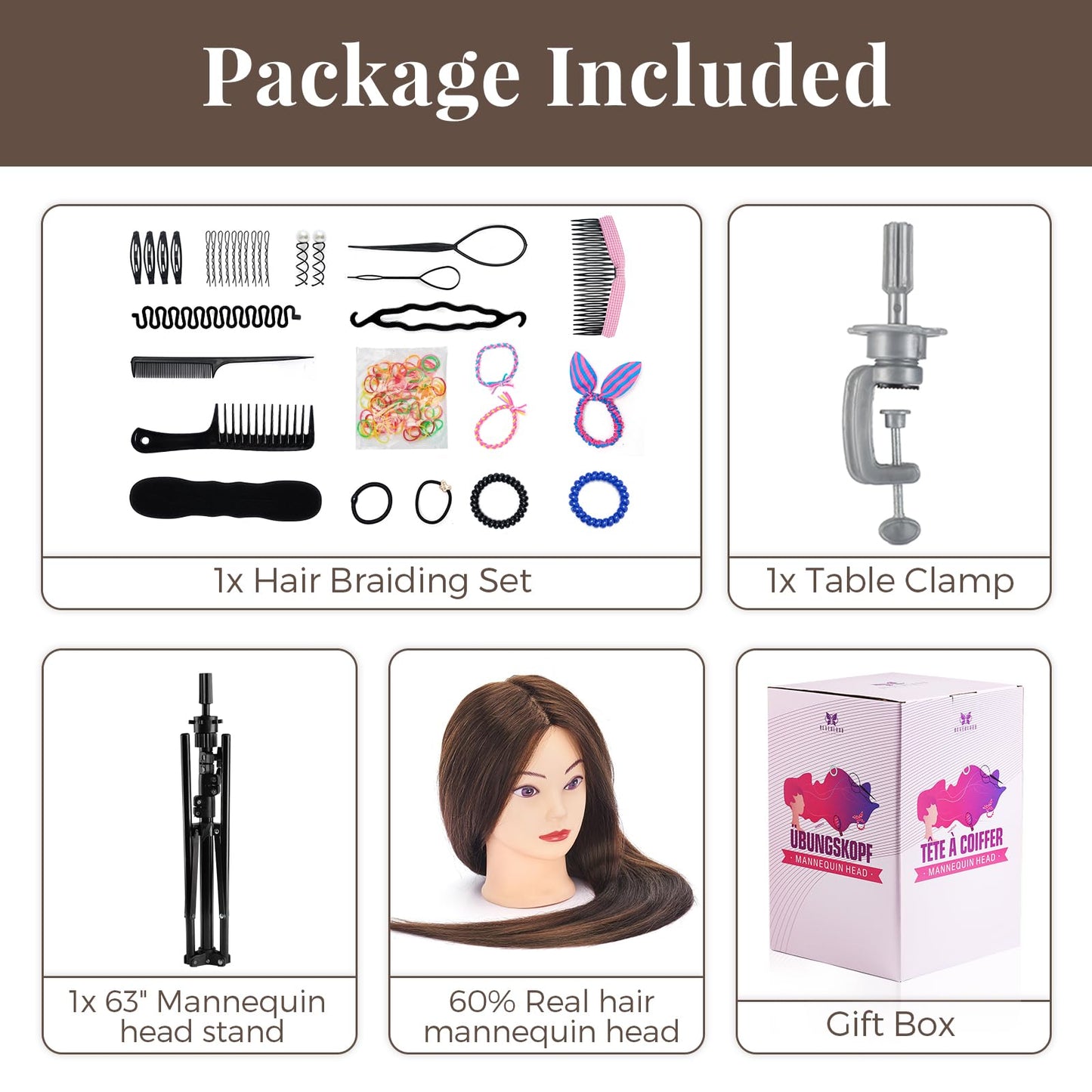 Neverland Beauty Styling Head with Practice Head Stand - 71cm 60% Real Hair, Doll Head for Styling, Training Heads for Hairdressers Training Head With Holder + DIY Hair Set (Brown)