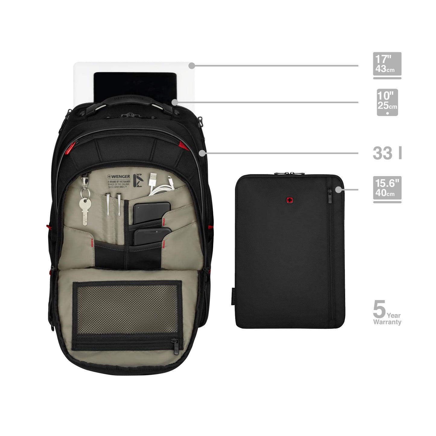 WENGER Carbon Pro Laptop Backpack with tablet compartment, fits up to 17 inch laptops, 33L, unisex, for office, business, and university use, black, 653129
